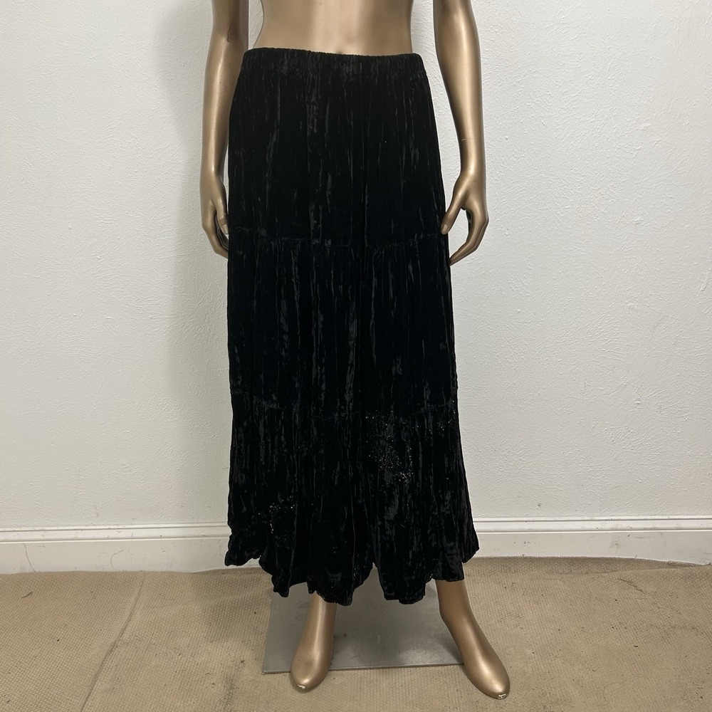 VTG Crushed Velvet Tiered Maxi Skirt Black Size L Boho Western Goth Ren Gypsy